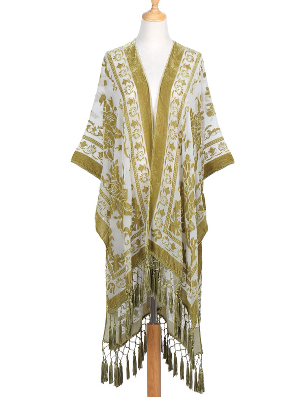 Ethereal Olive Floral Print Velvet Burnout Kimono