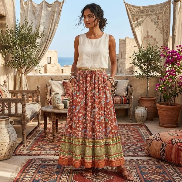 Henna Blossom Floral Print Boho Maxi Skirt