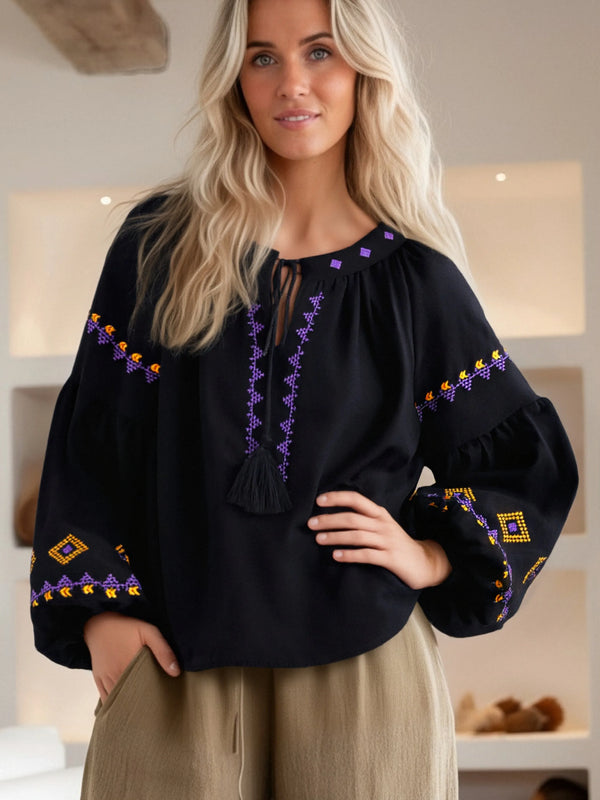 Black Boho Embroidered Long Sleeve Blouse