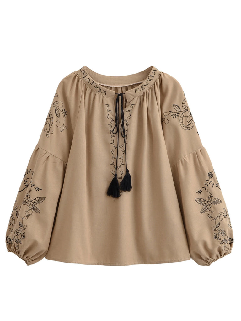 Sand Bird Floral Embroidered Long Sleeve Blouse