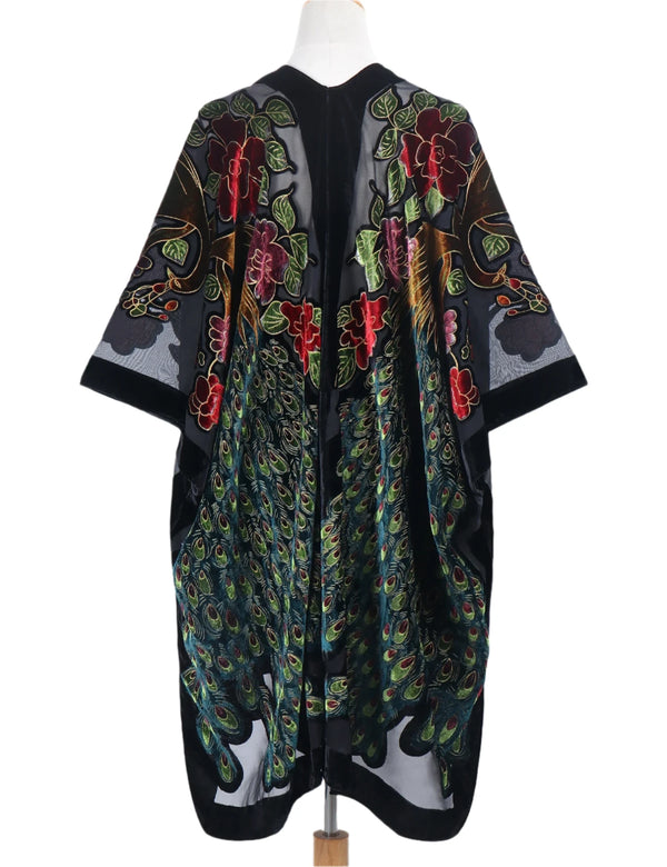 Enchanted Peacock Floral Print Velvet Burnout Kimono