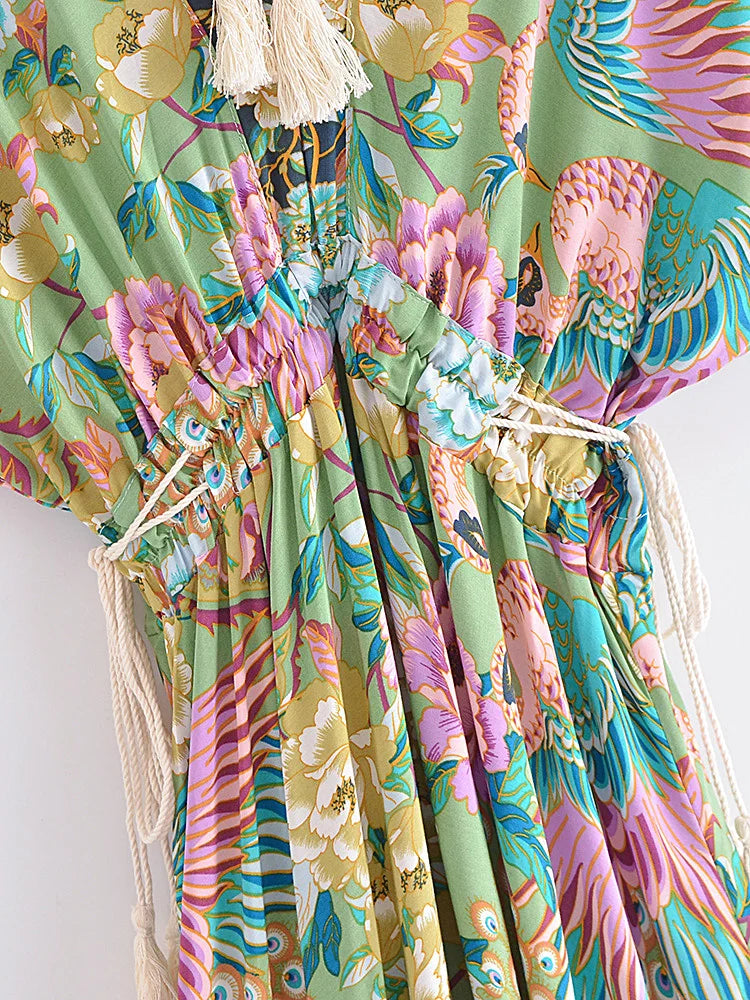 Jade Songbird Boho Floral Print Midi Dress Green / L