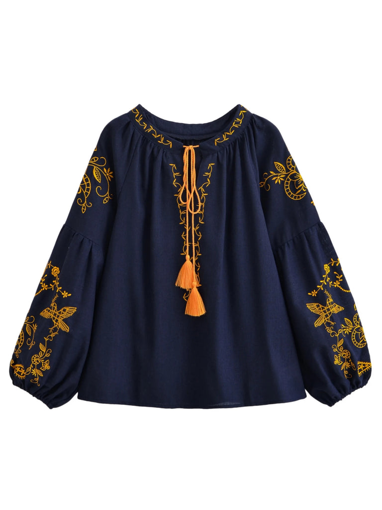 Navy Bird Floral Embroidered Long Sleeve Blouse