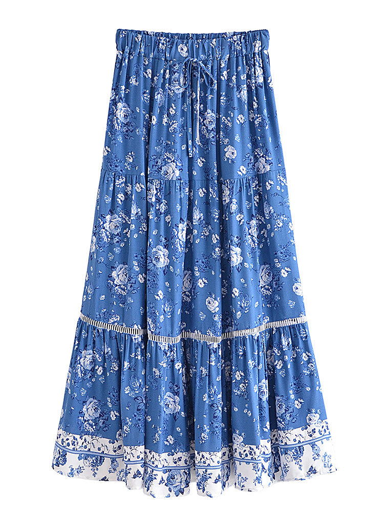 Cottage Blue Floral Print Boho Maxi Skirt