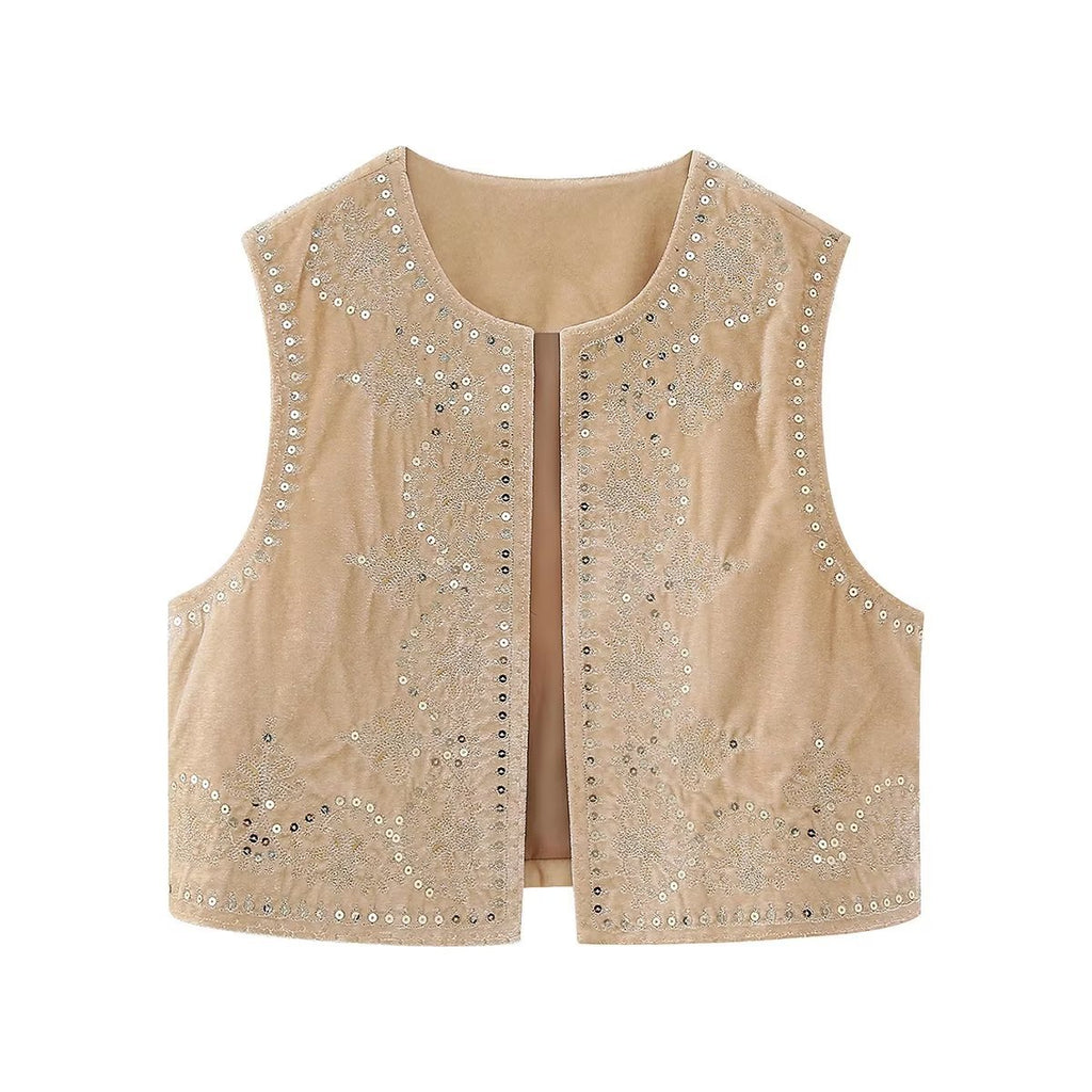Cream Boho Sequin Embroidered Vest