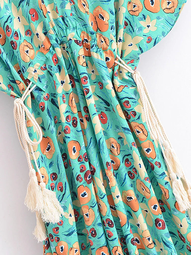 evergreen midi dress Evergreen Floral Boho Floral Print Midi Dress Green / S