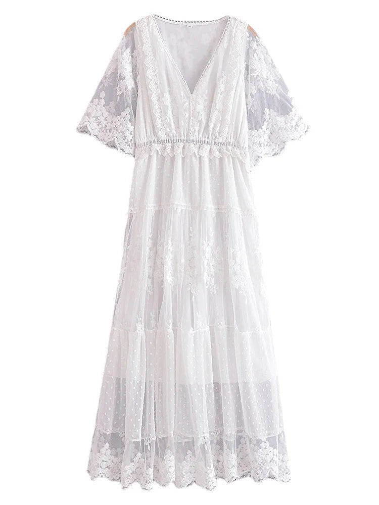 Romantic White Lace Boho Floral Maxi Dress