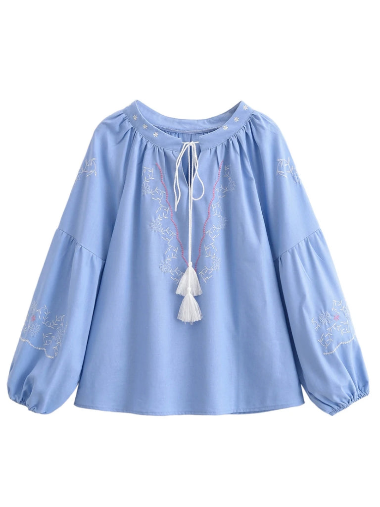 Light Blue Floral Embroidered Long Sleeve Blouse