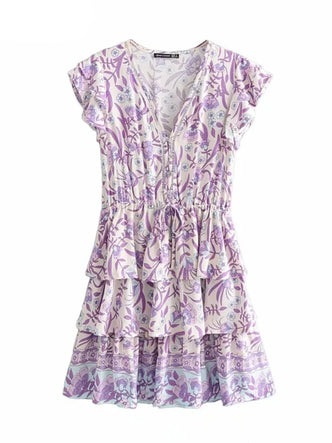 blue dress for baby girl Boho Purple Floral Mini Dress – V‑Neck, Short Sleeve Summer Dress – Boho  Beach Hut main image 1