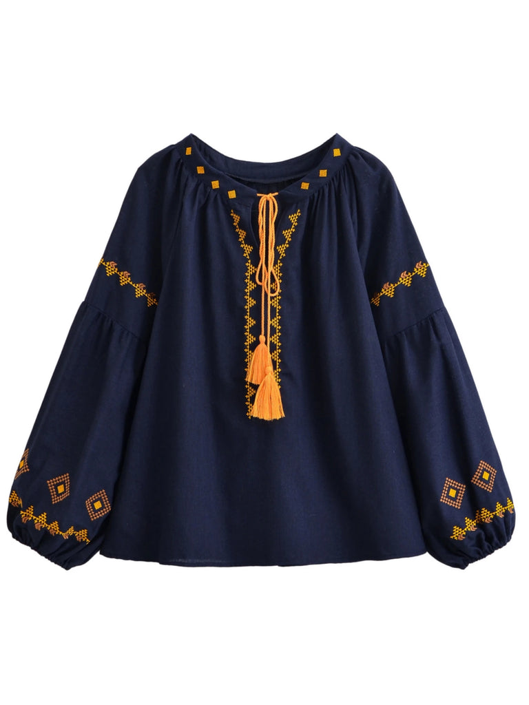 Navy Boho Embroidered Long Sleeve Blouse