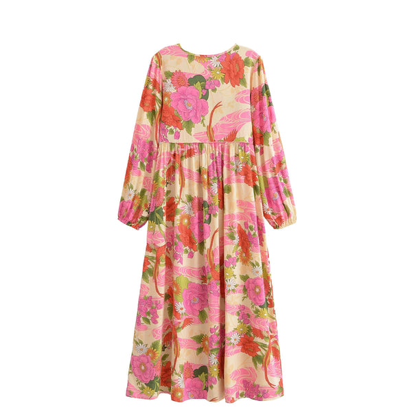 Paradise Sunset Boho Floral Print Long Sleeve Maxi Dress