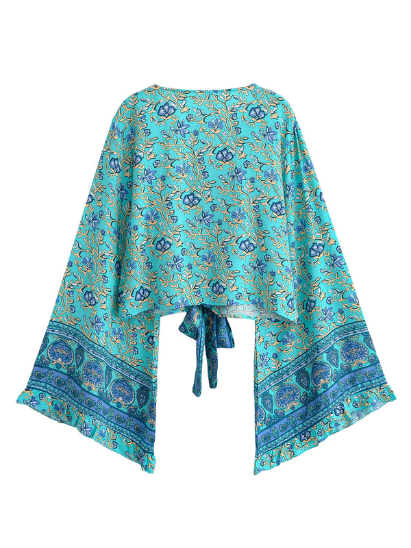 Lagoon Blossom Boho Floral Print Long Sleeve Crop Top