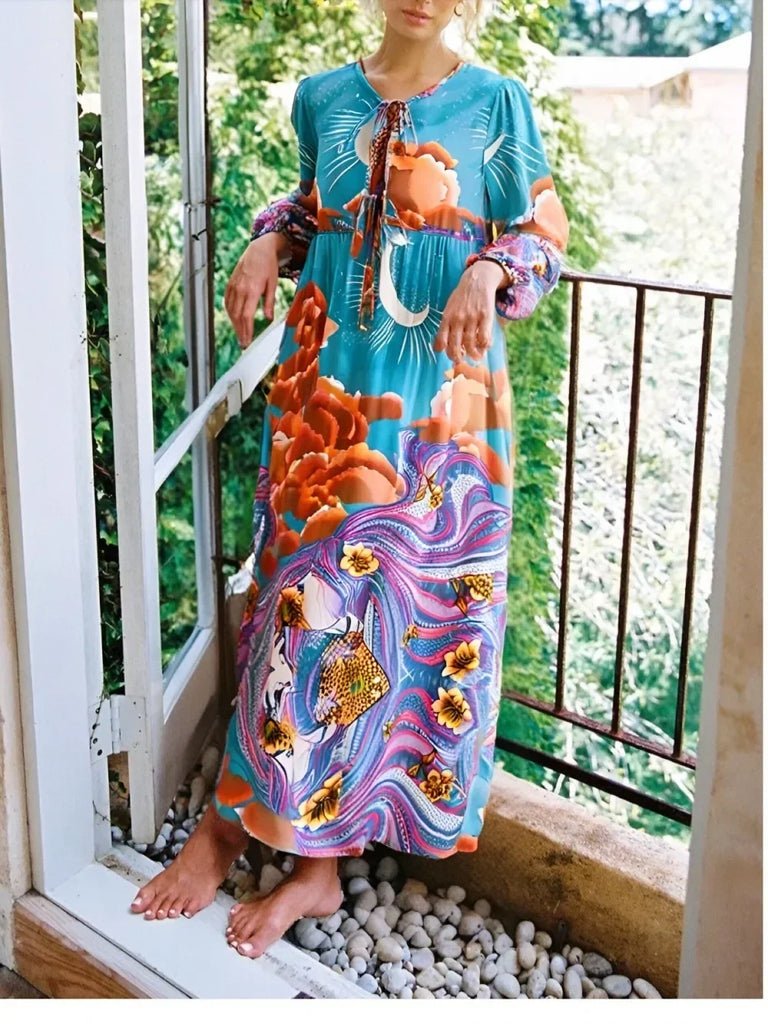 Moonstruck Teal Boho Floral Print Long Sleeve Maxi Dress – Queen Boheme