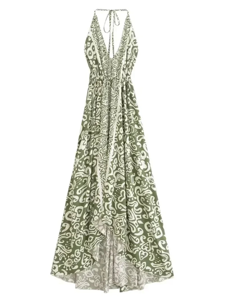 Sage Serenade Boho Floral Print Maxi Dress Green / M Sage Serenade Boho Floral Print Maxi Dress Green / M