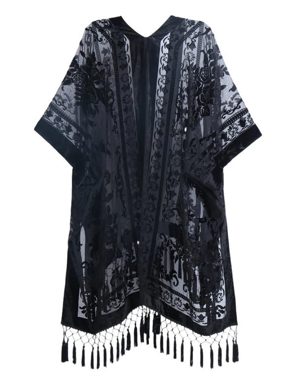 Black Floral Print Velvet Burnout Kimono