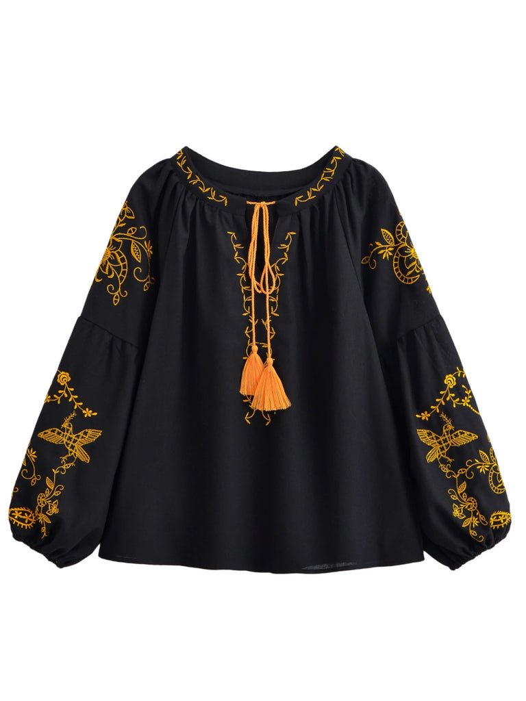Black Bird Floral Embroidered Long Sleeve Blouse