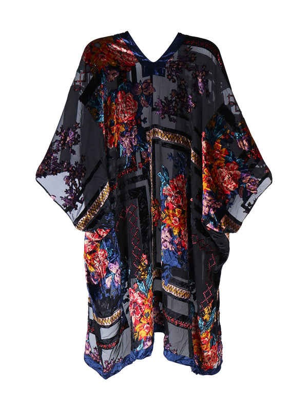 Dark Enchantment Floral Print Velvet Burnout Kimono