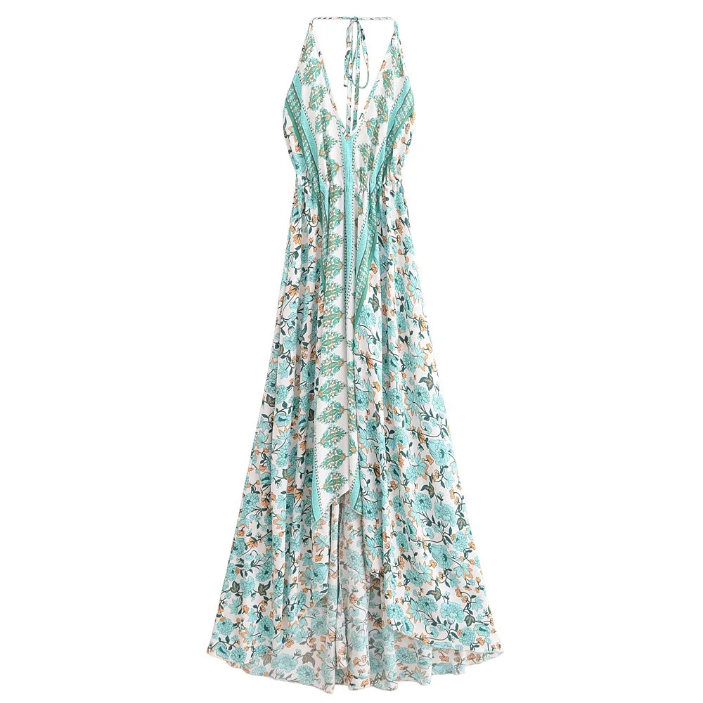 Seafoam Dream Boho Floral Print Maxi Dress Green / M Seafoam Dream Boho Floral Print Maxi Dress Green / M