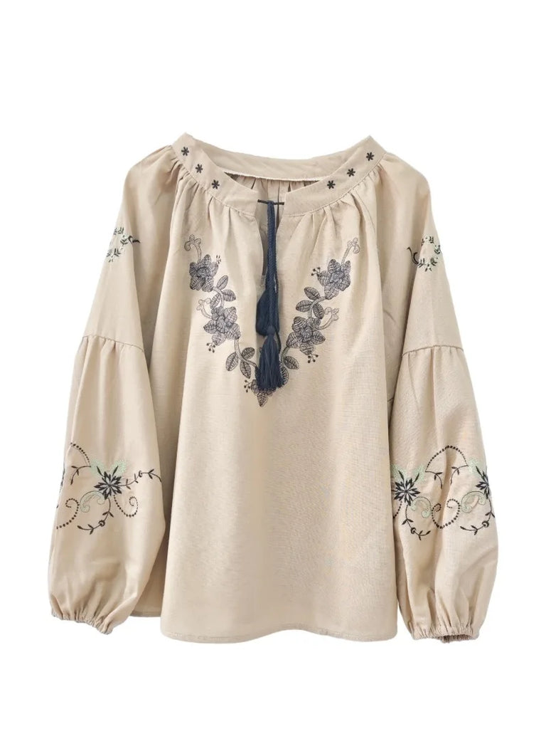 Beige Haven Floral Embroidered Long Sleeve Blouse
