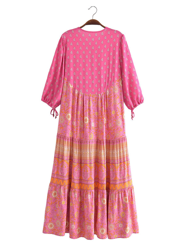 Capri Pink Boho Floral Print Midi Dress