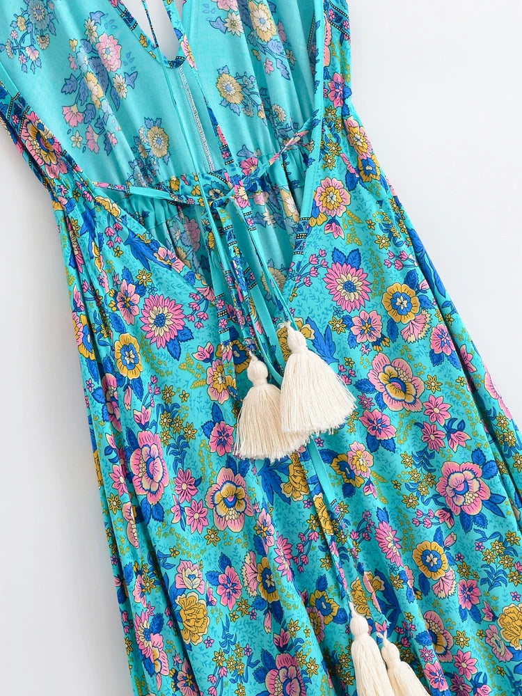 Turquoise Charm Boho Floral Print Maxi Dress Blue Green / M Turquoise Charm Boho Floral Print Maxi Dress Blue Green / M