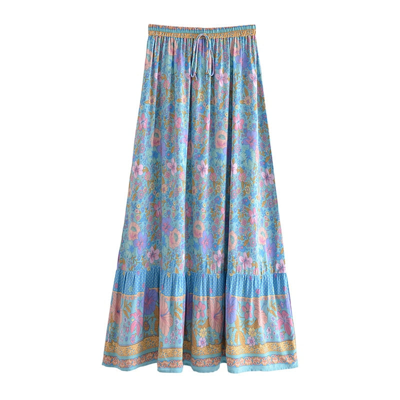 Blue Hibiscus Floral Print Boho Maxi Skirt