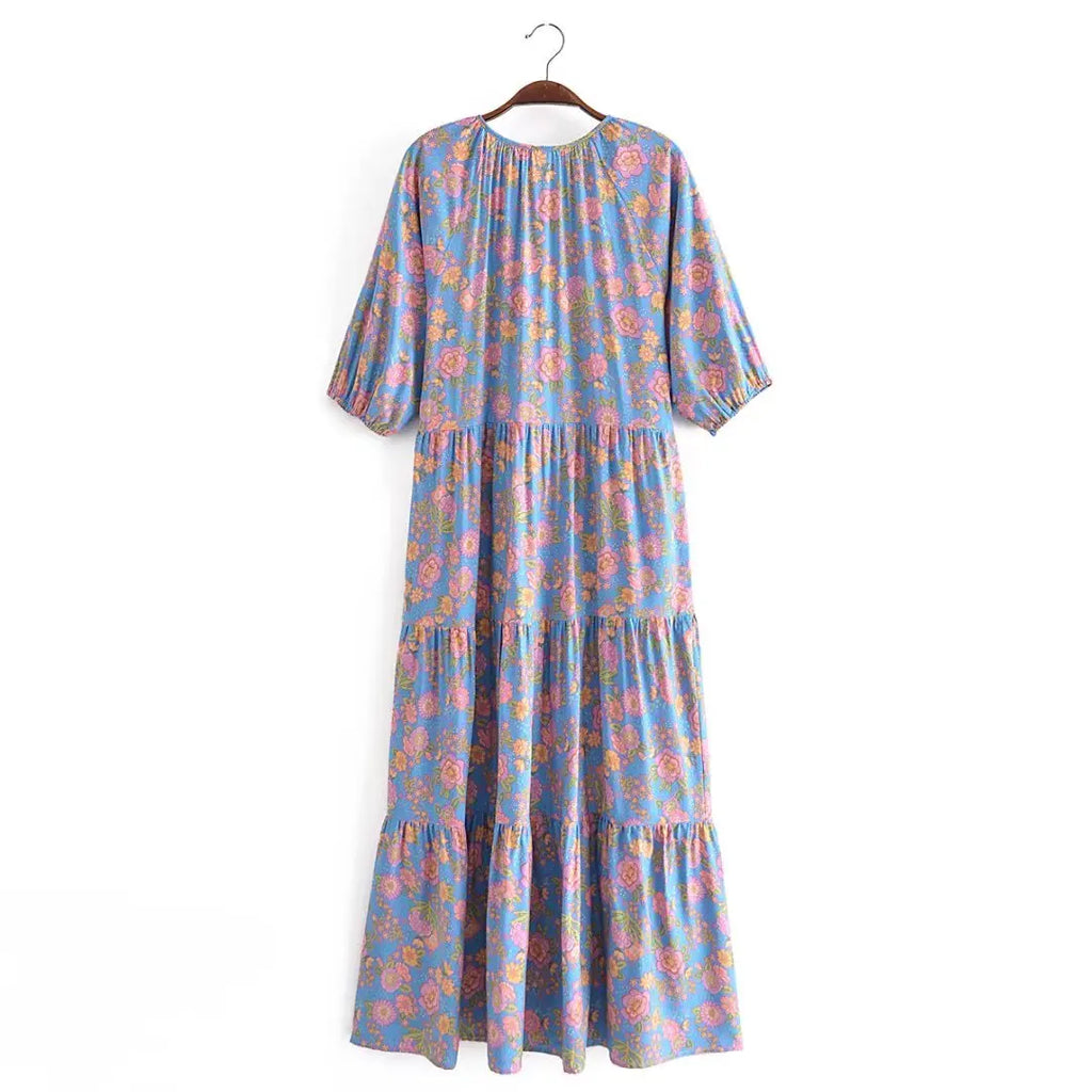Blue Blossom Boho Floral Print Maxi Dress – Queen Boheme