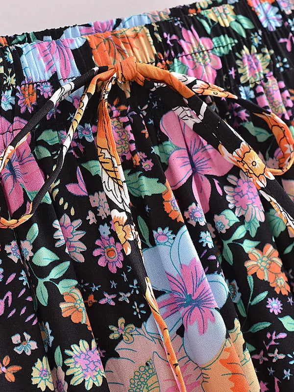 Lunar Hibiscus Floral Print Boho Maxi Skirt
