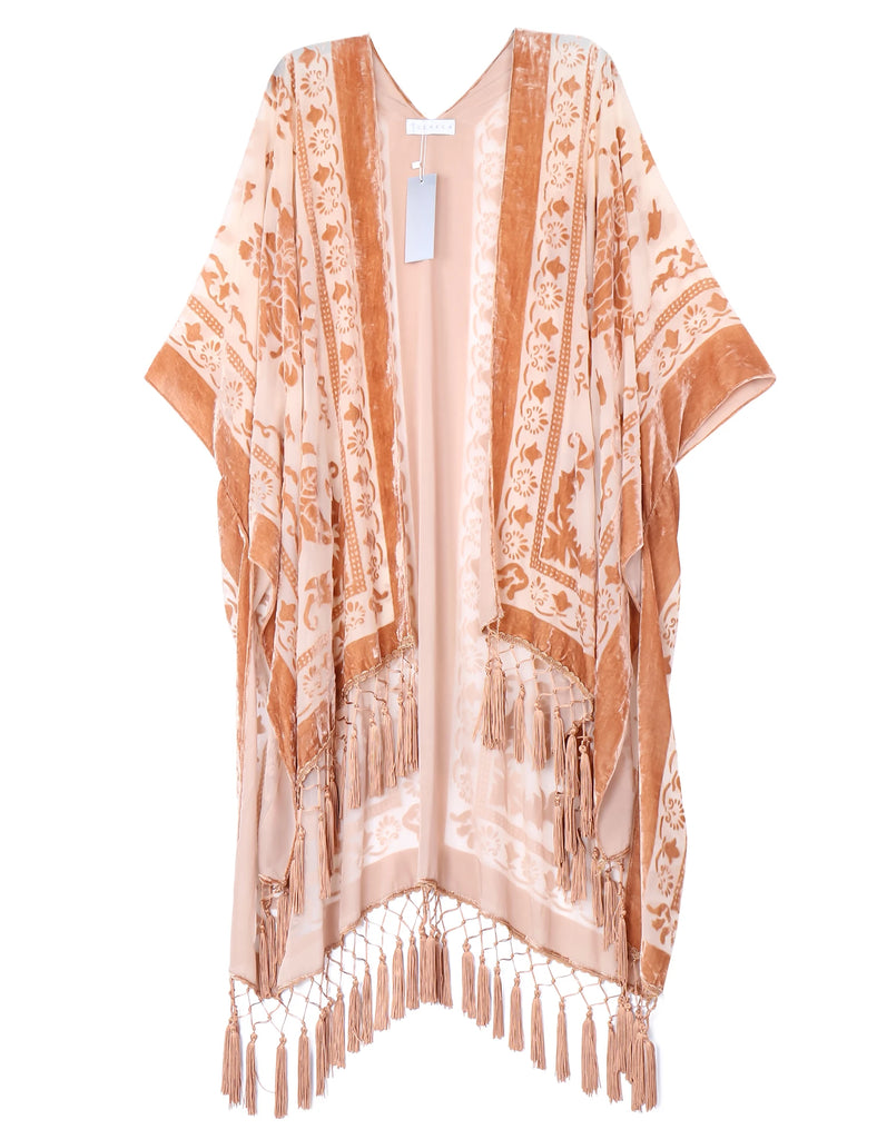 Peach Blossom Floral Print Velvet Burnout Kimono