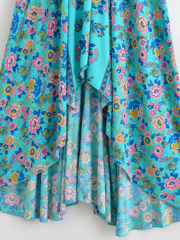 Turquoise Charm Boho Floral Print Maxi Dress Blue Green / M Turquoise Charm Boho Floral Print Maxi Dress Blue Green / M
