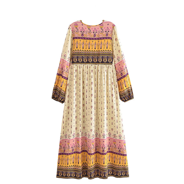 Gypsy Feather Boho Floral Print Long Sleeve Maxi Dress