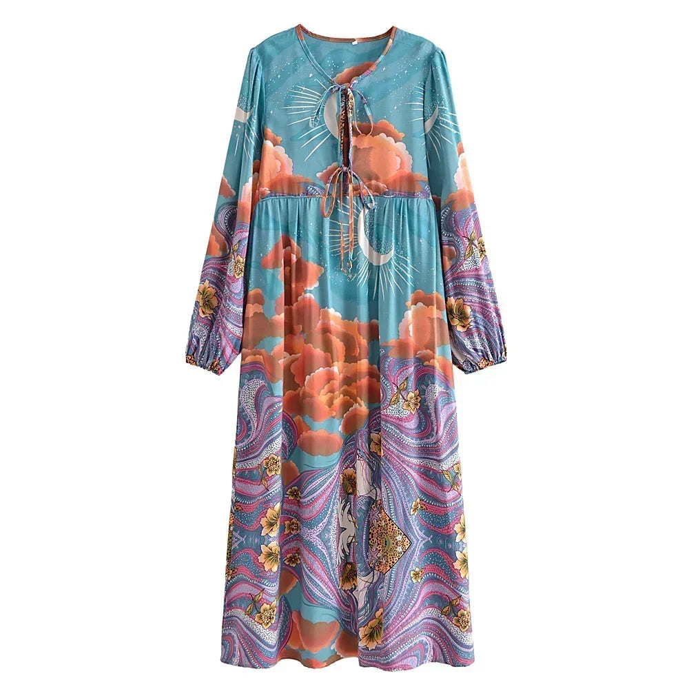 Moonstruck Teal Boho Floral Print Long Sleeve Maxi Dress Queen Boheme Moonstruck Teal Boho Floral Print Long Sleeve Maxi Dress Queen Boheme