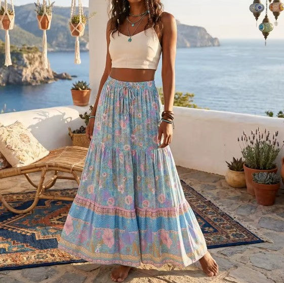 Blue Hibiscus Floral Print Boho Maxi Skirt