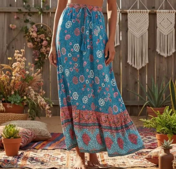 Blue Bouquet Boho Floral Print Maxi Skirt