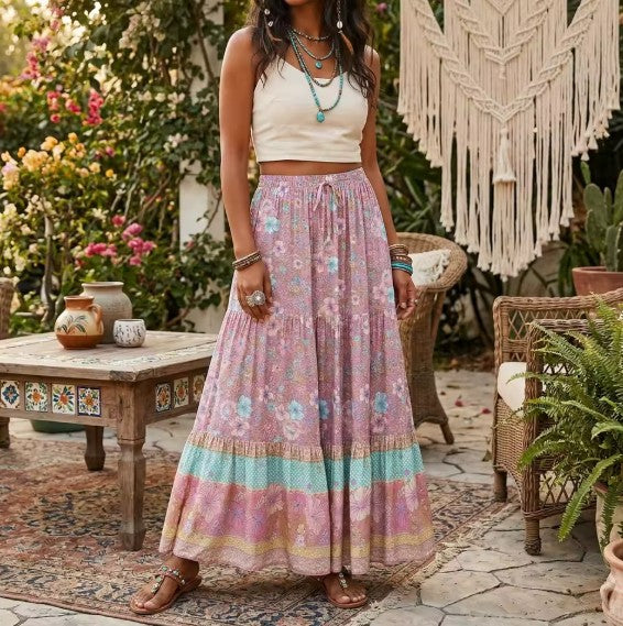Blushing Hibiscus Floral Print Boho Maxi Skirt