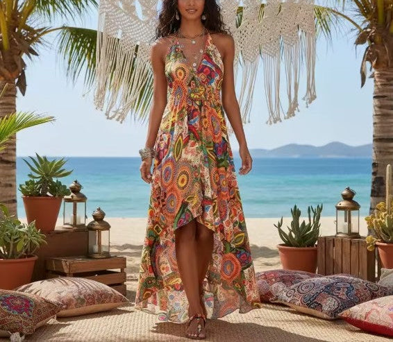 Psychedelic Sunrise Boho Floral Print Maxi Dress