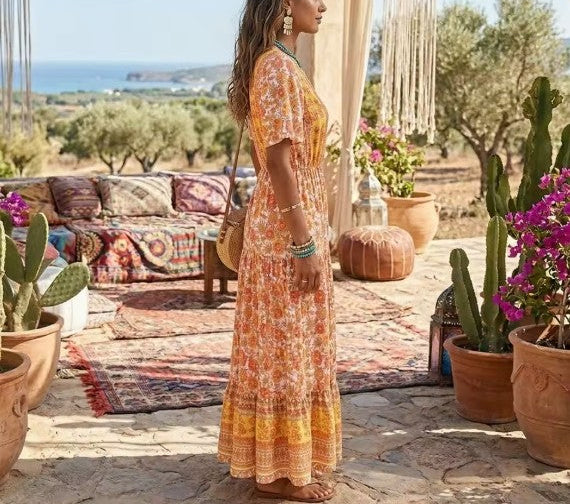 Marigold Orange Boho Floral Print Maxi Dress Queen Boheme Marigold Orange Boho Floral Print Maxi Dress Queen Boheme