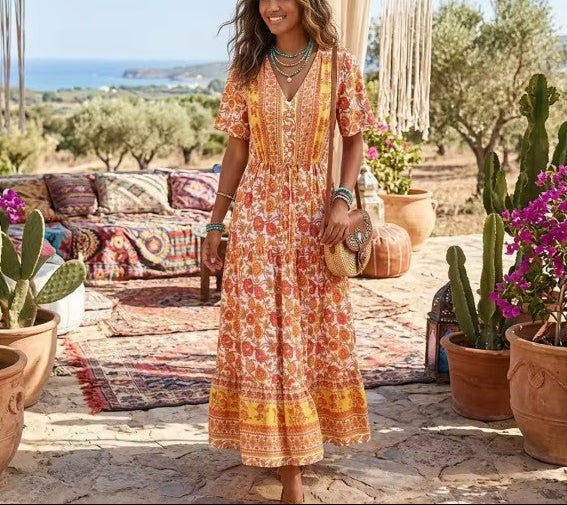 Marigold Orange Boho Floral Print Maxi Dress Yellow / L