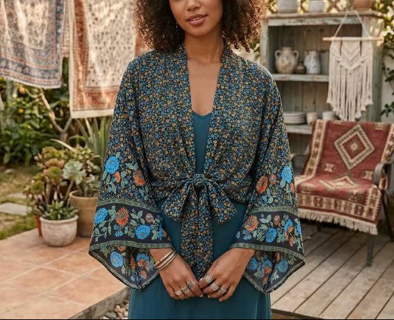 Moonlight Navy Boho Floral Print Crop Top