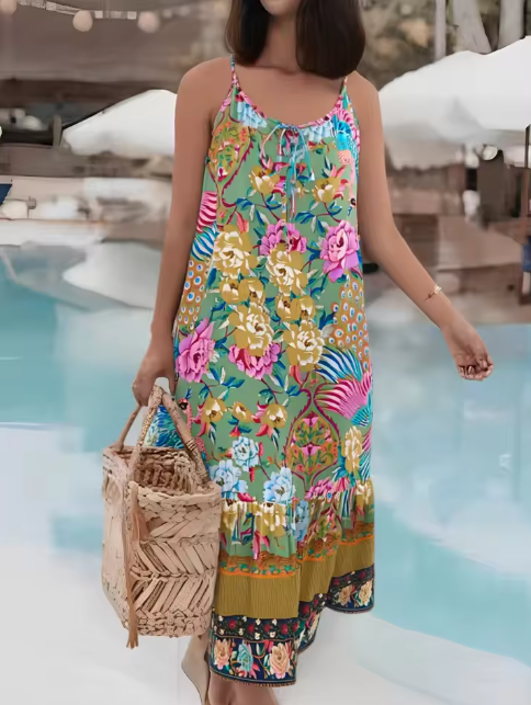 Peacock Dream Boho Floral Print Midi Robe