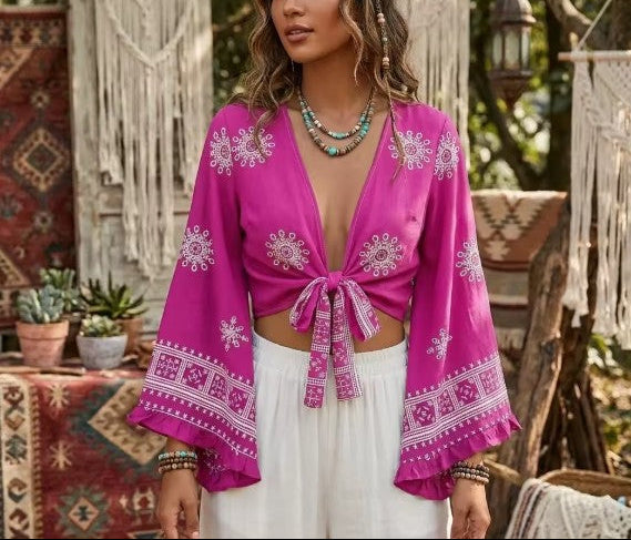 Roseberry Dreams Boho Floral Print Long Sleeve Crop Top