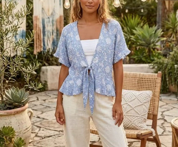 Serenity Blue Boho Floral Print Crop Top