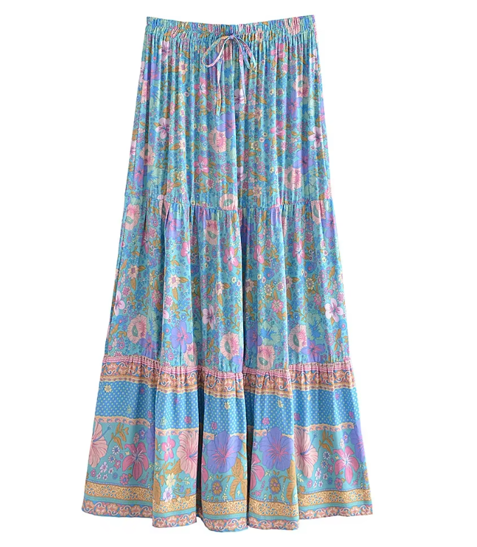 Blue Hibiscus Floral Print Boho Maxi Skirt