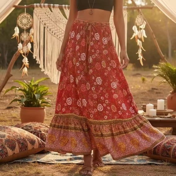 Strawberry Rose Boho Floral Print Maxi Skirt
