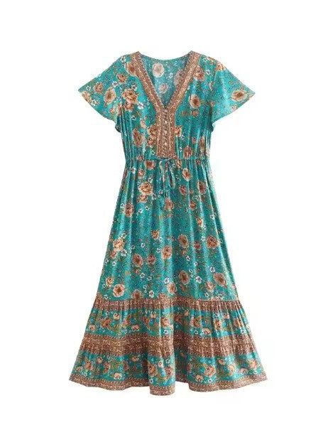 Royal Teal Bloom Boho Floral Print Midi Dress