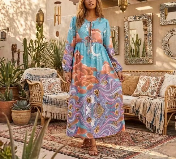 Moonstruck Teal Boho Floral Print Long Sleeve Maxi Dress