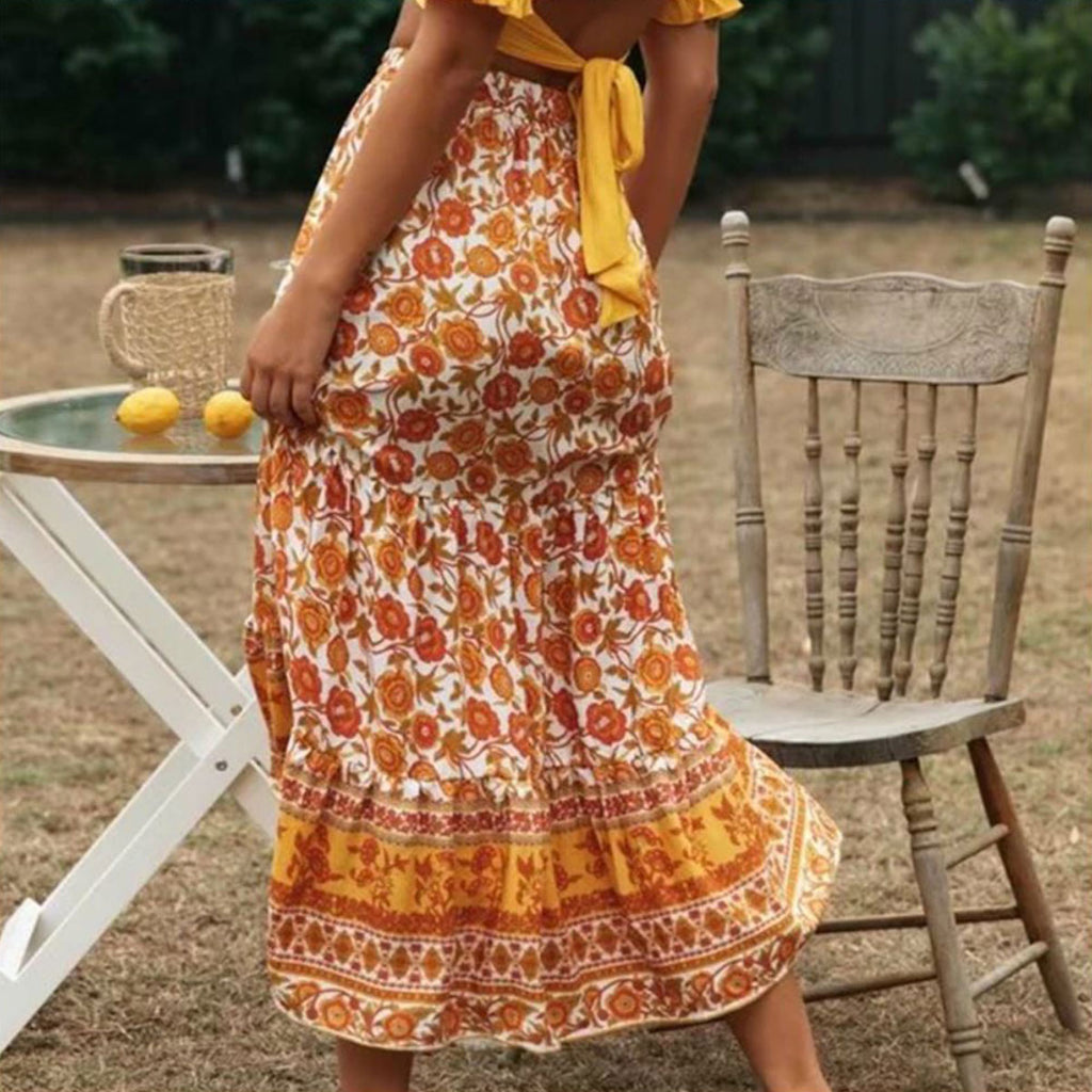 Marigold Orange Boho Floral Print Midi Skirt - Main Image