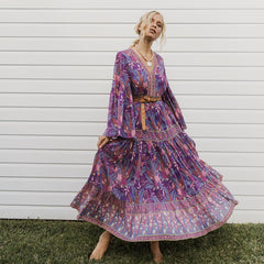 Mulberry Purple Boho Floral Print Maxi Dress