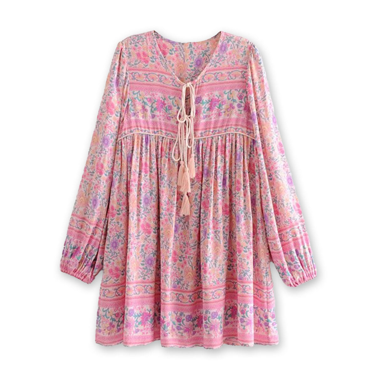 pink boho mini dress Petal Pink Boho Floral Print Mini Dress M / Pink