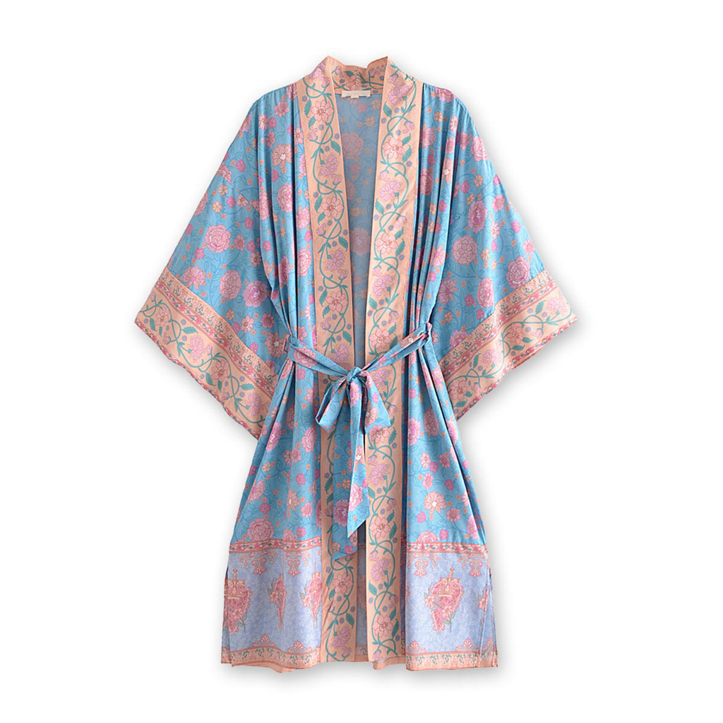 BLUE BOUQUET BOHO FLORAL PRINT ROBE